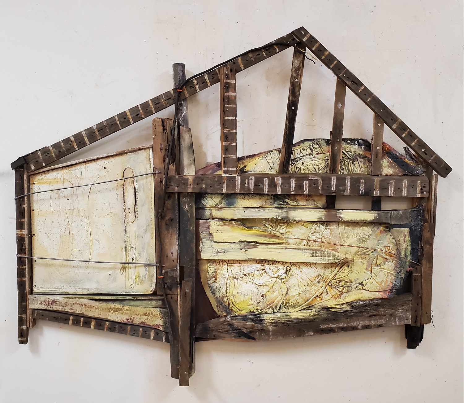 8. Richard Neal ''Shack Wacky'' oil, antique wood, copper, plastic, wire, and clothing 46X50'' 2020