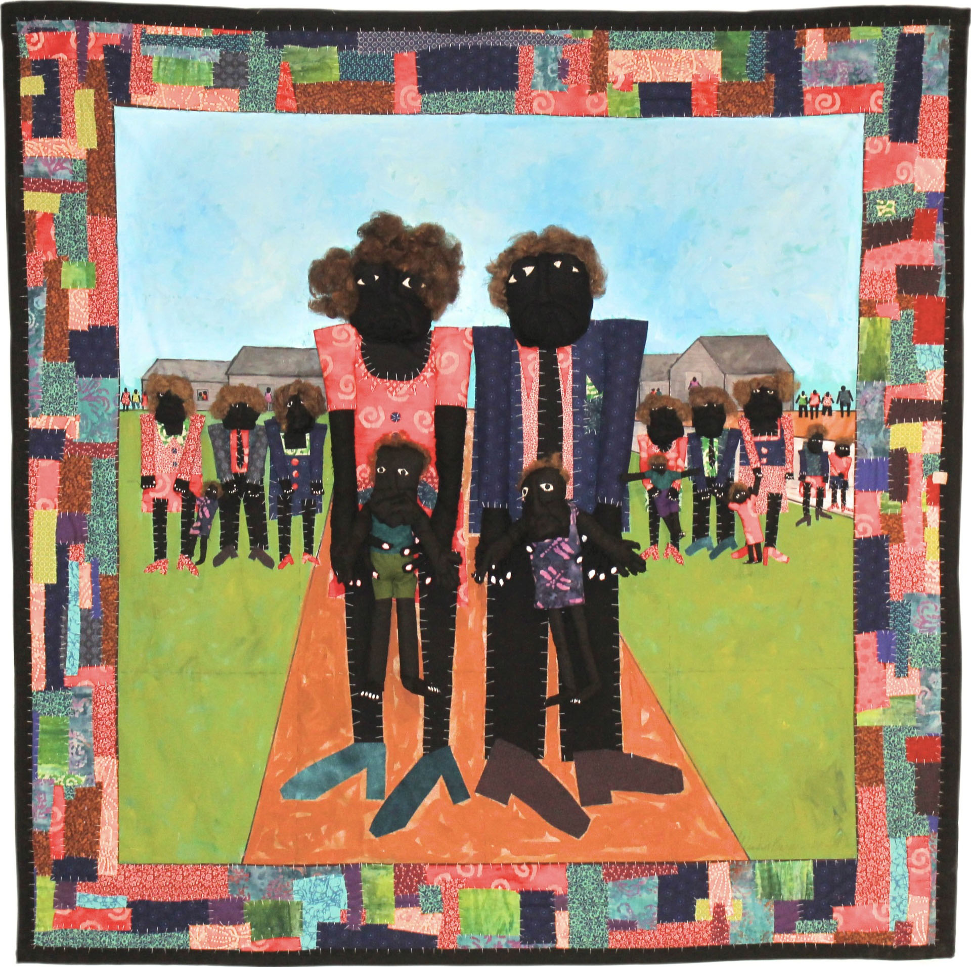 Brown "Between Here and
Elsewhere" Pieced and Quilted Fabric and Acrylic Paint on Canvas, 7' x 7' x 6"