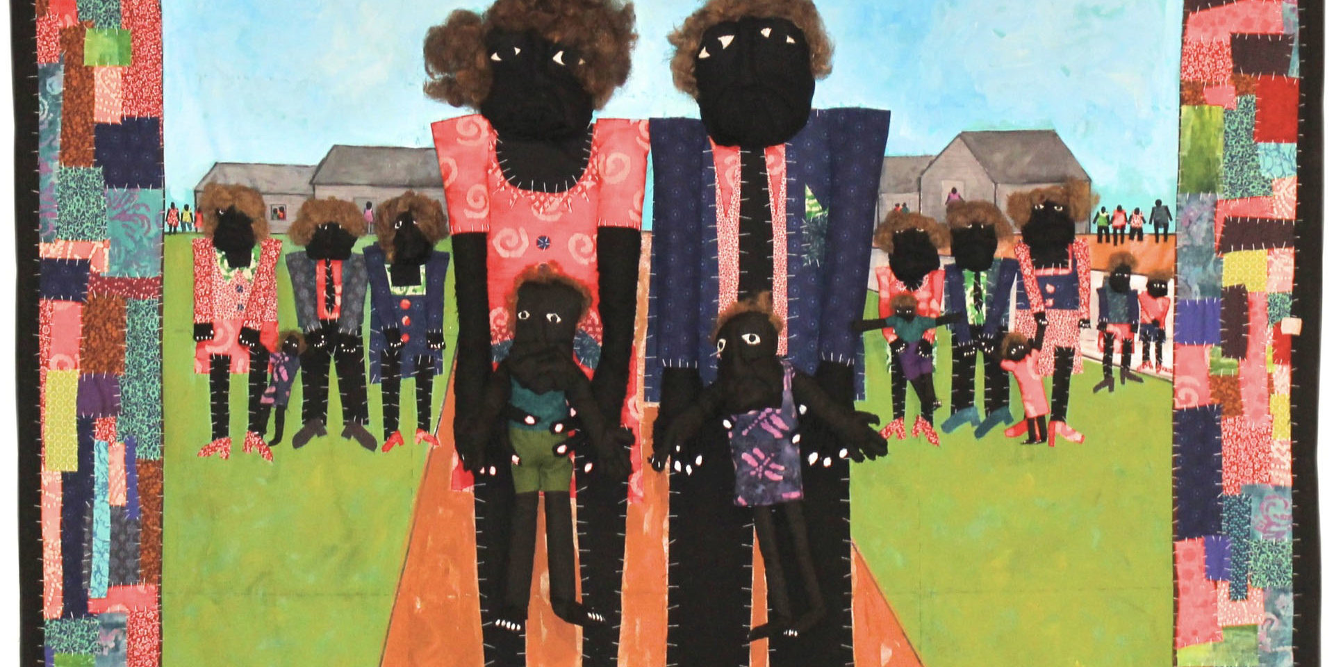 "Between Here and
Elsewhere" Pieced and Quilted Fabric and Acrylic Paint on Canvas, 7' x 7' x 6"